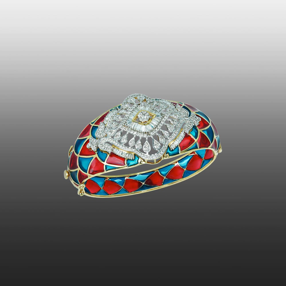 Red and Blue Enamel Bracelet with Full-Cut Diamonds